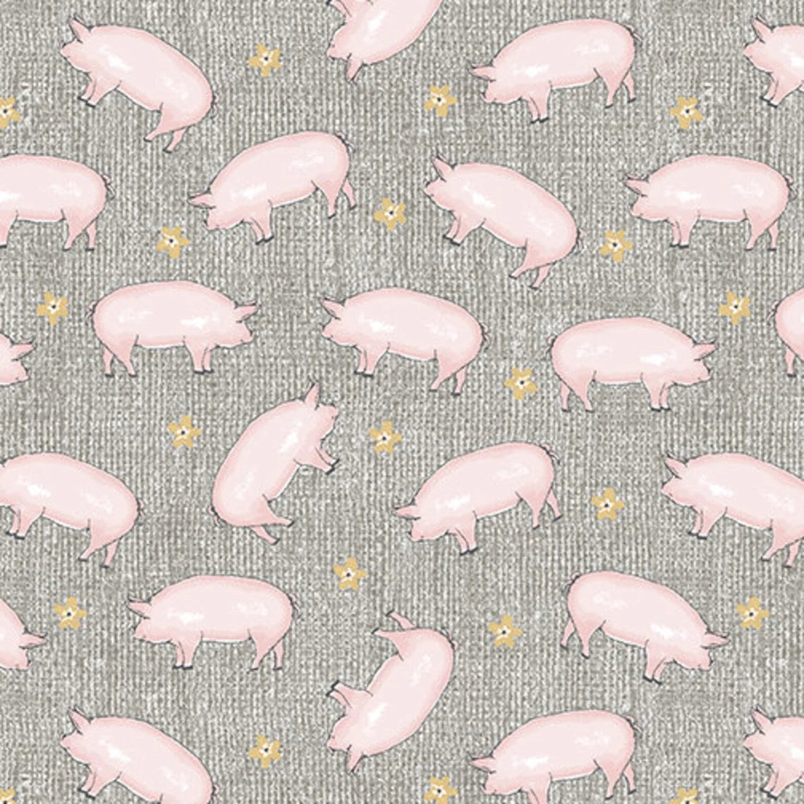 Pattern of pink pigs and yellow flowers on a textured gray background. (Sewing Bee Studio)