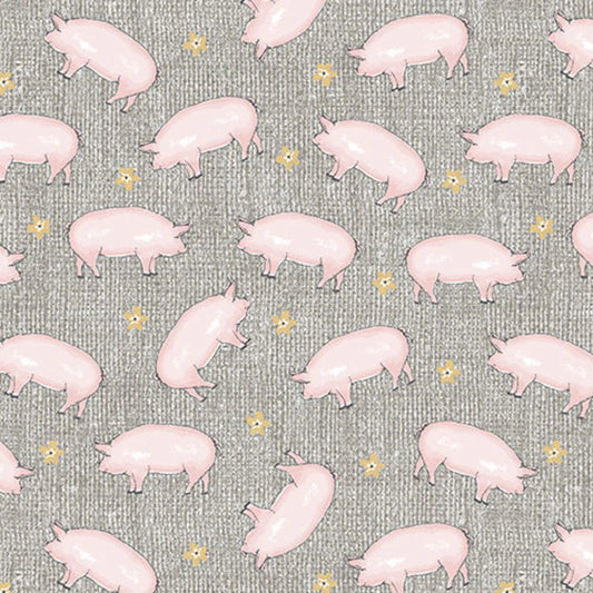 Pattern of pink pigs and yellow flowers on a textured gray background. (Sewing Bee Studio)