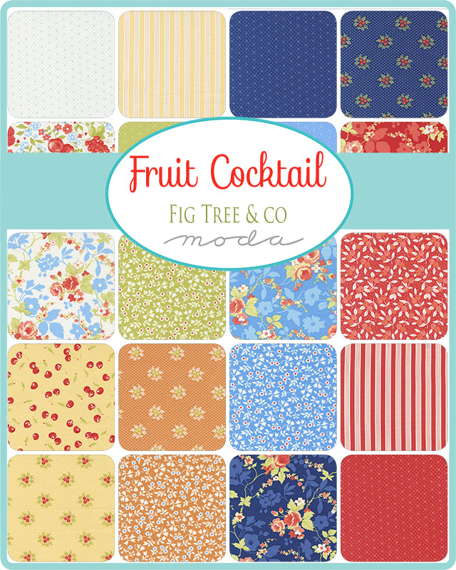 Collection of fabric swatches with various patterns and colors, featuring the brand 'Moda'. Fat quarter bundles of this collection are sold by Sewing Bee Studio.