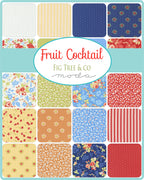 Collection of fabric swatches with various patterns and colors, featuring the brand 'Moda'. Fat quarter bundles of this collection are sold by Sewing Bee Studio.
