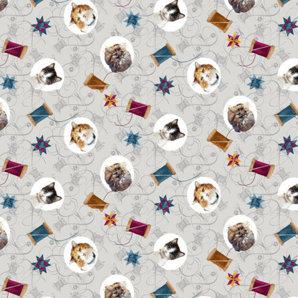 Henry Glass - Quilted Kitties Cat Medallions in Gray