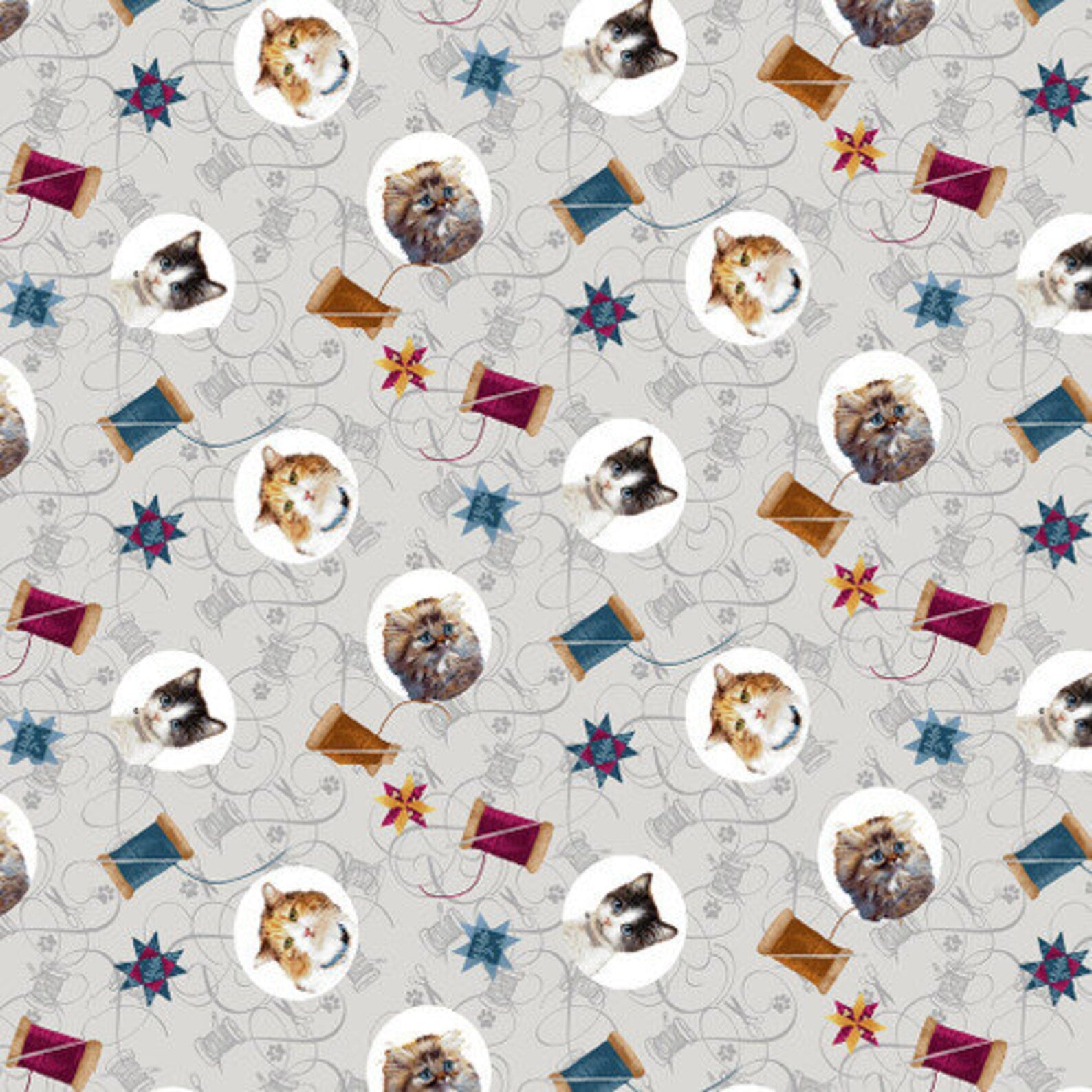 Henry Glass - Quilted Kitties Cat Medallions in Gray