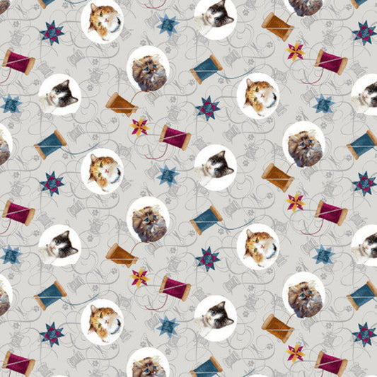 Henry Glass - Quilted Kitties Cat Medallions in Gray