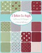 Collection of fabric swatches with various patterns and colors, featuring the brand 'Moda'. This is the "I Believe in Angels" collection by Bunny Hill Designs, and sold by Sewing Bee Studio.
