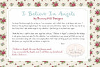 Text about believing in angels by Bunny Hill Designs with floral border, promoting the "I Believe in Angels" fabric collection sold by Sewing Bee Studio.
