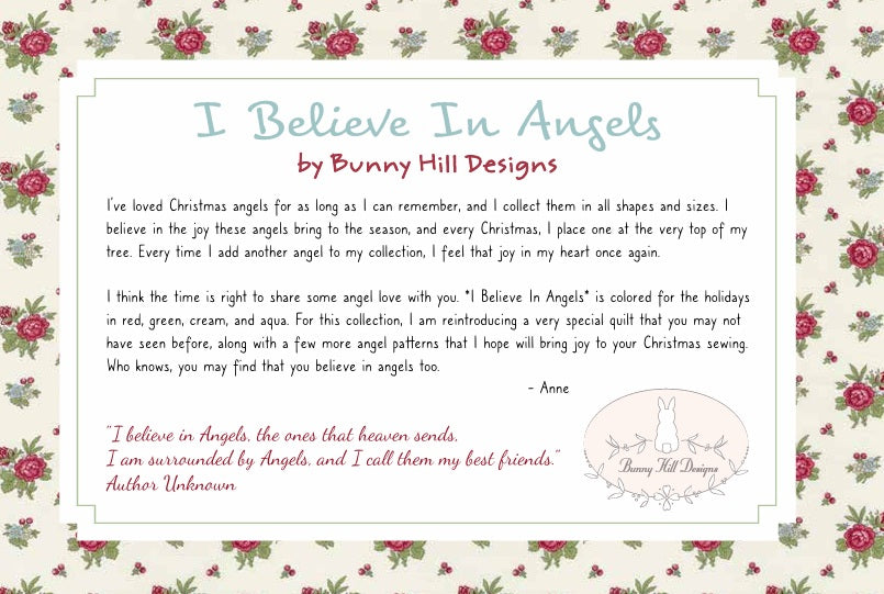 Text about believing in angels by Bunny Hill Designs with floral border, promoting the "I Believe in Angels" fabric collection sold by Sewing Bee Studio.