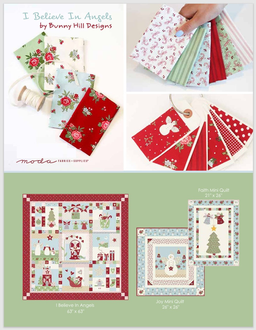 Collection of fat-eighths fabric samples and quilt patterns by Bunny Hill Designs on a green background. Collection sold by Sewing Bee Studio.