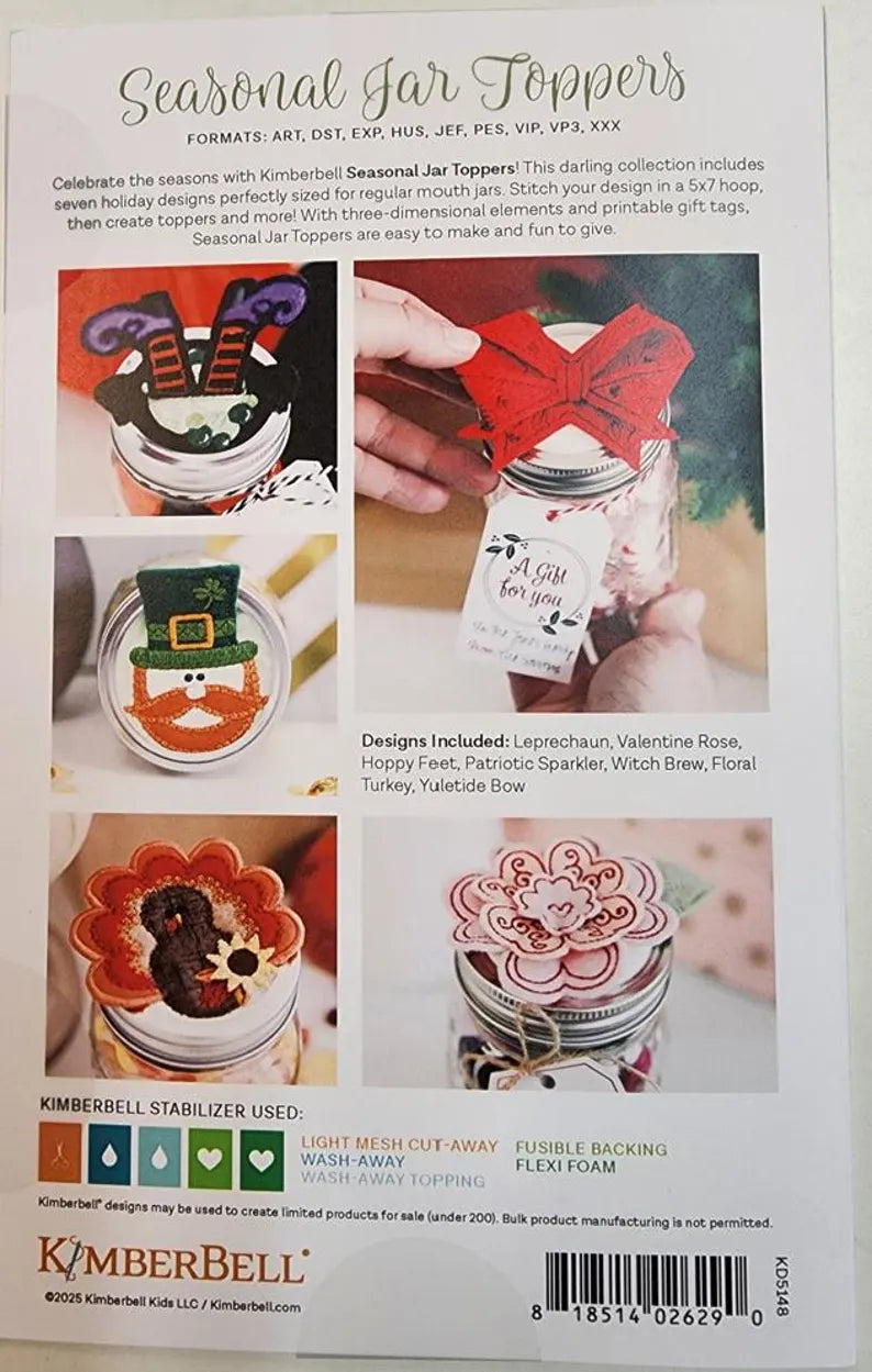 Product packaging for Seasonal Jar Toppers by Kimberbell with images of jar toppers and text.