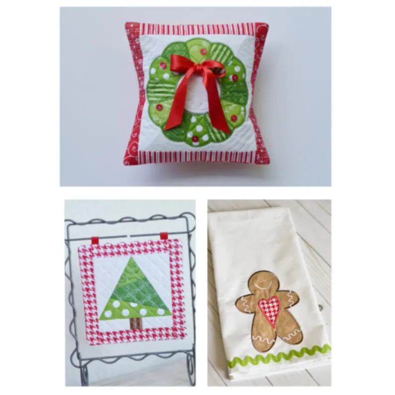Set of Christmas-themed decorative pillows with wreath, tree, and gingerbread man designs. (Sewing Bee Studio)