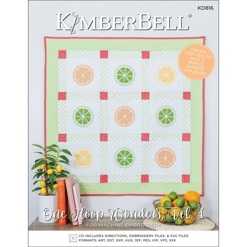 K Kimberbell One Hoop Wonders Vol. 1 embroidery book cover with a quilt design and fruits.