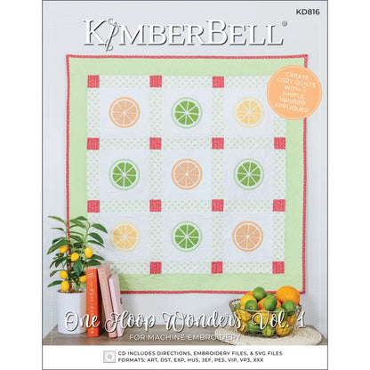 K Kimberbell One Hoop Wonders Vol. 1 embroidery book cover with a quilt design and fruits.