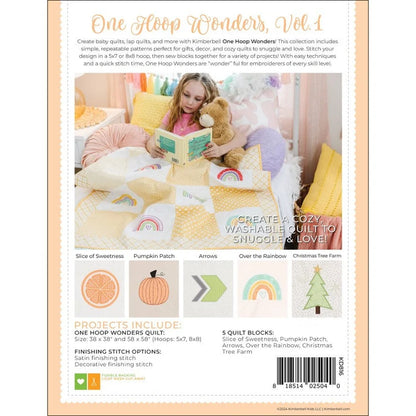 Product packaging for 'One Hoop Wonders, Vol. 4' with a child reading a book and surrounded by quilted items.