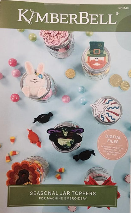K&J Kimberbell Seasonal Jar Toppers packaging with various jar toppers on a light blue background.
