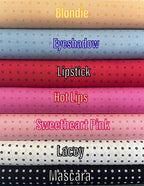 Collection of colorful fabric fat-quarters with displayed design names. This "Kiss Hug" collection is sold by Sewing Bee Studio.