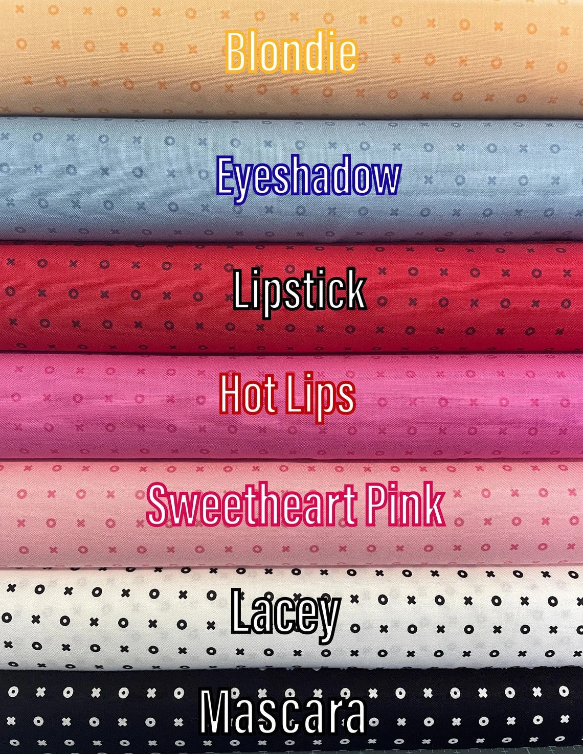 Collection of colorful fabric fat-quarters with displayed design names. This "Kiss Hug" collection is sold by Sewing Bee Studio.