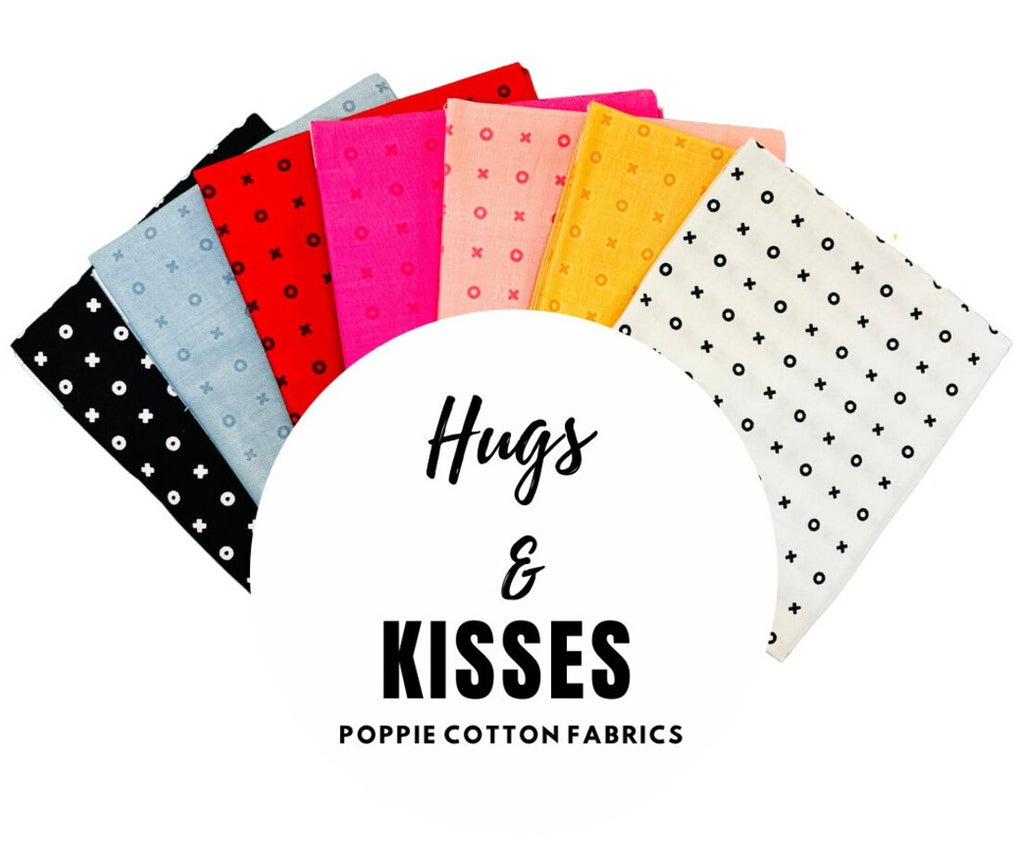 Collection of colorful fabric fat-quarters with displayed collection name. This "Kiss Hug" collection is sold by Sewing Bee Studio.