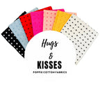 Collection of colorful fabric fat-quarters with displayed collection name. This "Kiss Hug" collection is sold by Sewing Bee Studio.
