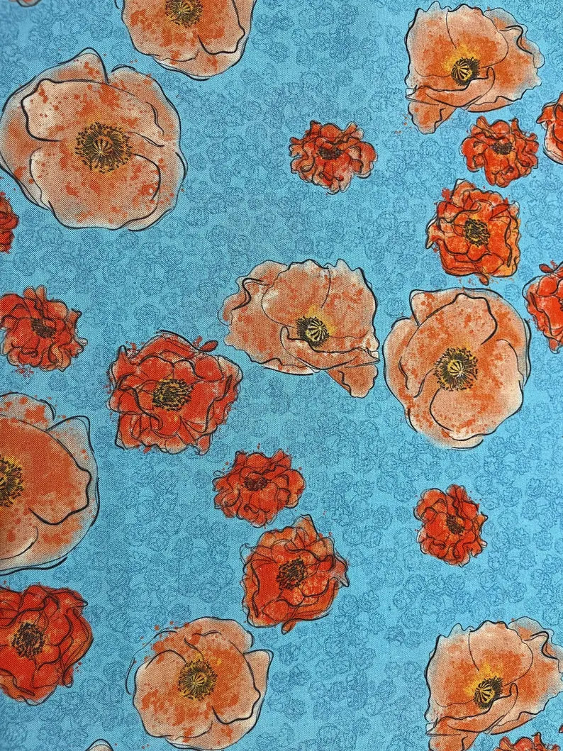 Benartex Fabric - Treasured Poppies Turquoise (Modern Vintage: Treasured)