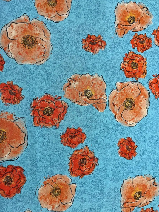 Benartex Fabric - Treasured Poppies Turquoise (Modern Vintage: Treasured)