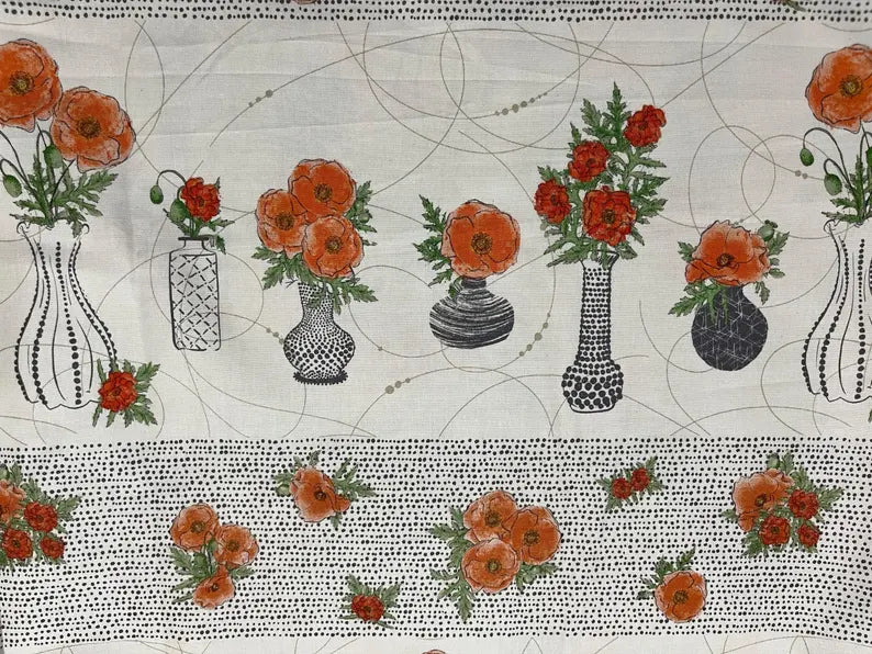 Benartex Fabric - Treasured Poppies Stripe Natural (Modern Vintage: Treasured)