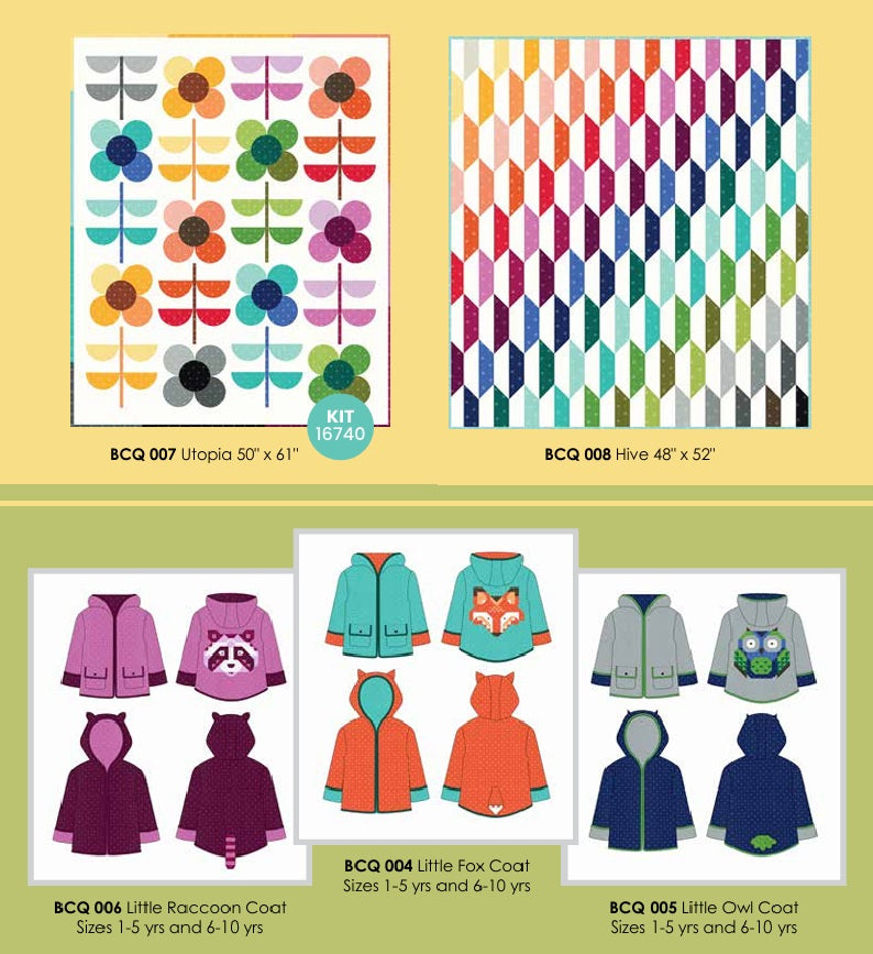 Collection of children's clothing patterns and designs on a yellow background. Charm pack sold by Sewing Bee Studio.
