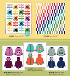 Collection of children's clothing patterns and designs on a yellow background. Charm pack sold by Sewing Bee Studio.