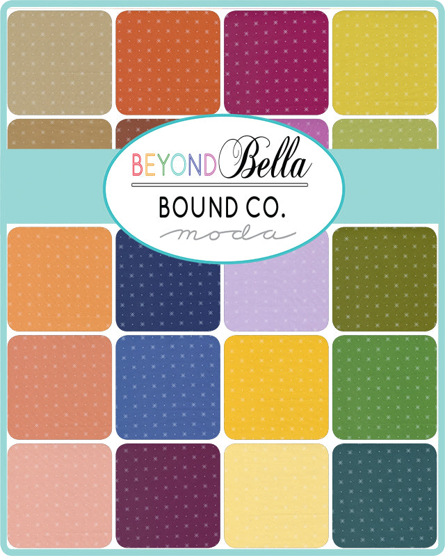 Colorful fabric swatches with 'Beyond Bella Bound Co. Moda' logo. Charm Pack bundle sold by Sewing Bee Studio.