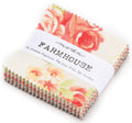 Charm Pack of fabric strips with floral pattern and 'Farmhouse' label on a white background. Sold by Sewing Bee Studio.