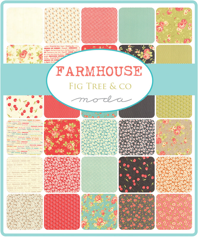Collection of fabric swatches with 'Farmhouse' design from Fig Tree & Co Moda on a white background. Sold by Sewing Bee Studio.