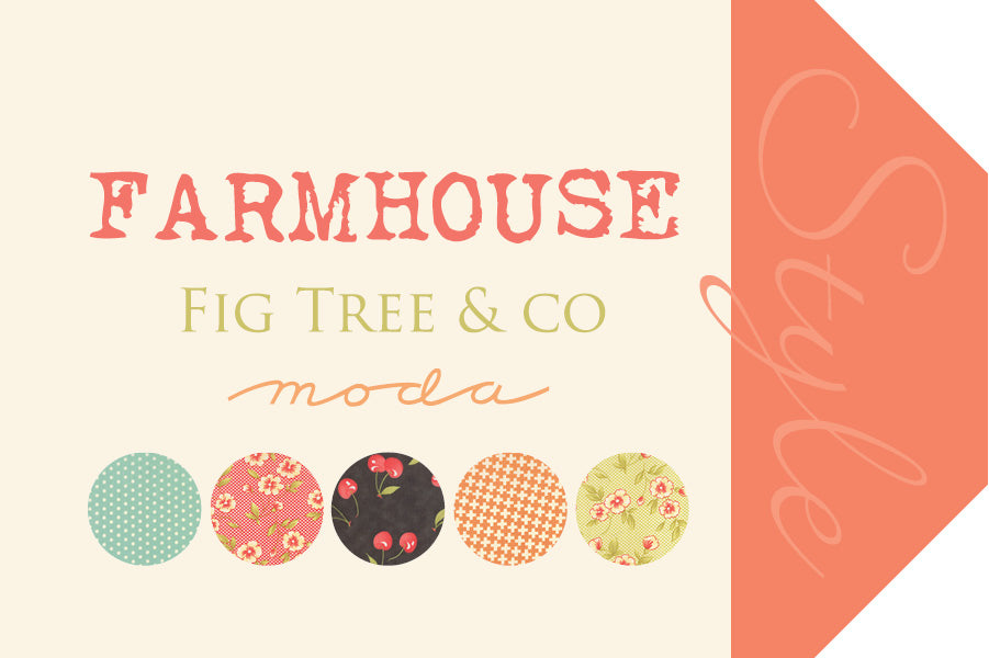 Farmhouse Fig Tree & Co Moda branding with fabric swatches on a beige background. Sold by Sewing Bee Studio.