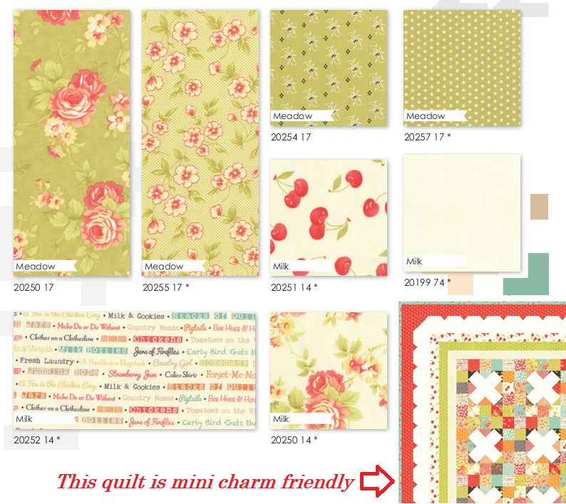 Farmhouse Collection of fabric swatches with floral and patchwork designs on a green background. Sold by Sewing Bee Studio.