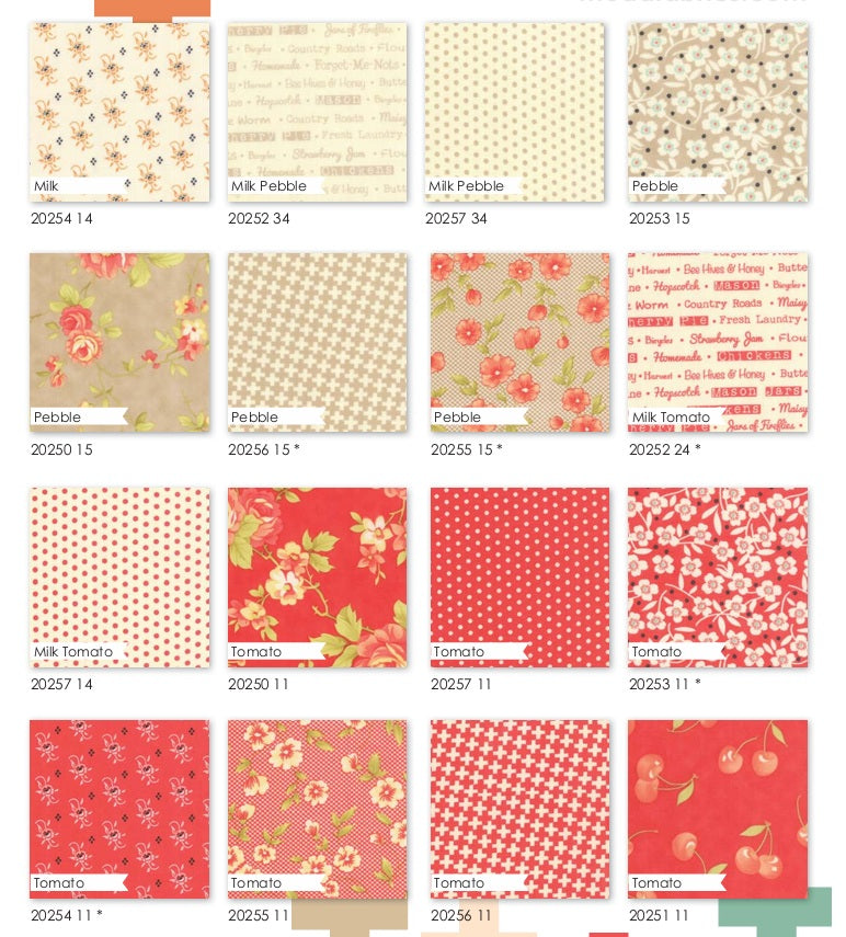 Grid of fabric swatches with various patterns and colors in the Farmhouse collection. Sold by Sewing Bee Studio.