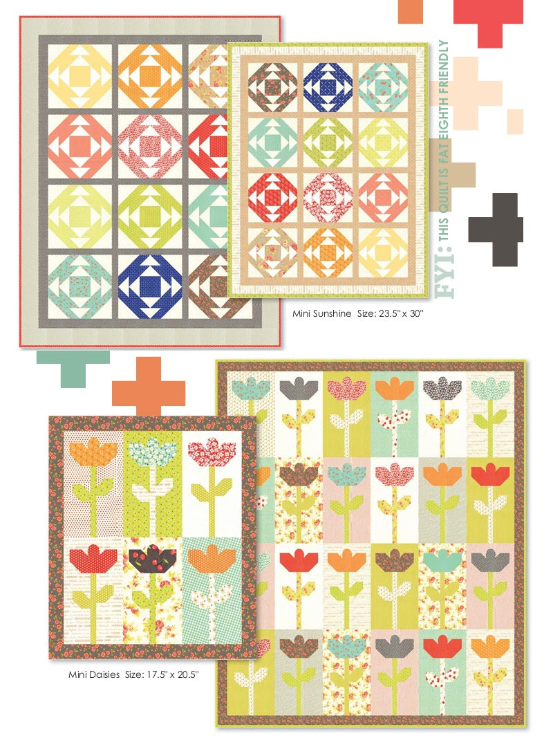 Set of colorful quilt patterns with geometric and floral designs using the Farmhouse collection of fabrics. Charm Pack sold by Sewing Bee Studio.