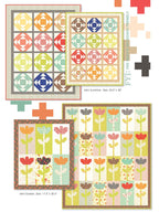 Set of colorful quilt patterns with geometric and floral designs using the Farmhouse collection of fabrics. Charm Pack sold by Sewing Bee Studio.
