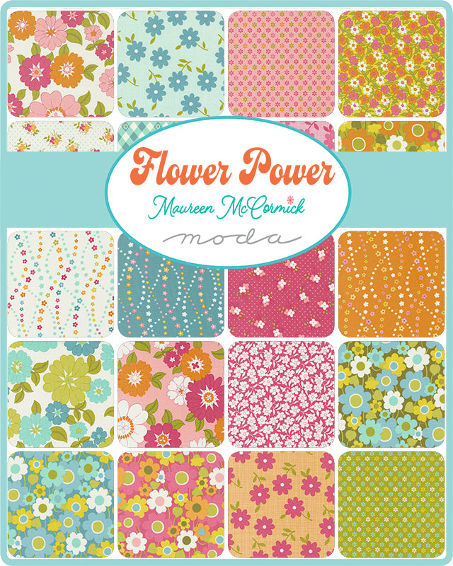 Collection of "Flower Power" floral fabric collection with 'Moda' branding on a blue background, sold in bundle form by Sewing Bee Studio.