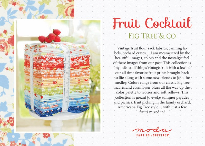 Colorful fabric fat quarter bundle labeled 'Fruit Cocktail' by Fig Tree & Co on a patterned background. Fat quarter bundles sold by Sewing Bee Studio.