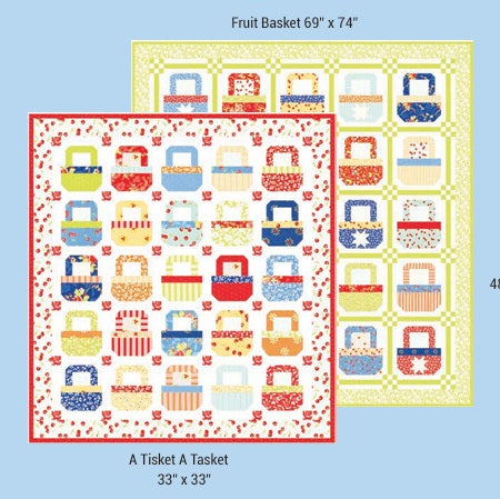 Sample quilt patterns with colorful baskets using this fabric collection. Fat quarter bundles sold by Sewing Bee Studio. 