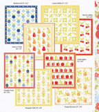 Collection of colorful sample quilt patterns with various designs and sizes using this fabric collection. Fat quarter bundles sold by Sewing Bee Studio.