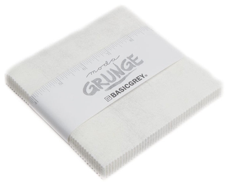 White fabric charm pack with 'Moda Grunge' and 'Basic Grey' branding on a white background. Sold by Sewing Bee Studio.