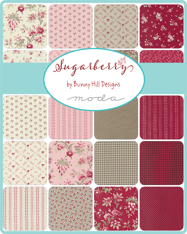 Collection of fabric swatches with 'Sugarberry' by Bunny Hill Designs Moda label. Fat quarter bundles sold by Sewing Bee Studio.