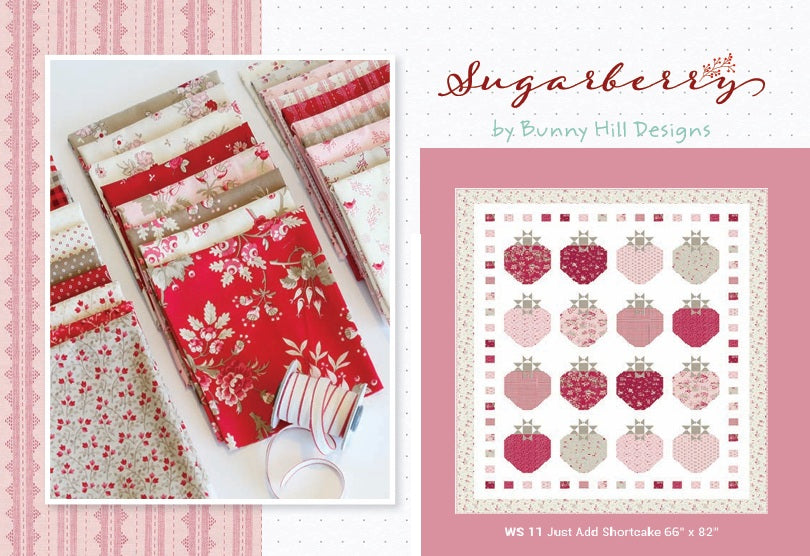Marketing card illustrating collection of fabric bundles and a quilt pattern by Sugarberry with Bunny Hill Designs on a pink background.  Fat quarter bundles sold by Sewing Bee Studio.