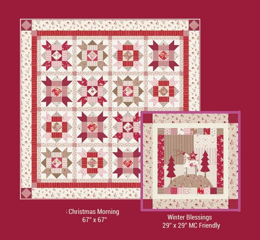 Quilt sample sets with 'Christmas Morning' and 'Winter Blessings' on a red background. Fat quarter bundles sold by Sewing Bee Studio.