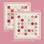 Two sample quilt patterns labeled 'Sugar Cubes' and 'Sugar Crystals' on a pink background. Fat quarter bundles sold by Sewing Bee Studio.