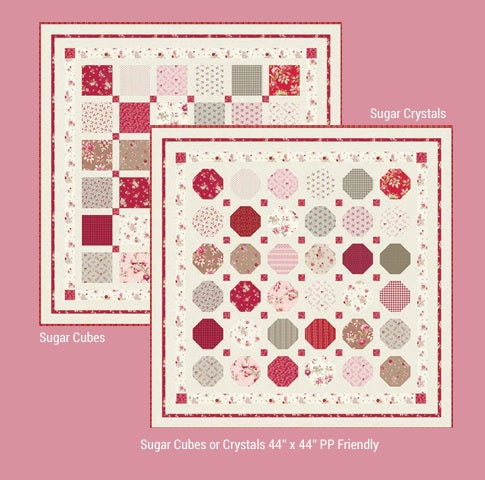 Two sample quilt patterns labeled 'Sugar Cubes' and 'Sugar Crystals' on a pink background. Fat quarter bundles sold by Sewing Bee Studio.