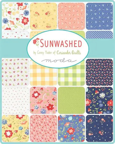 Collection of fabric swatches with various patterns and the 'Sunwashed' by Coriander Quilts Moda label. Fabric collection bundle sold by Sewing Bee Studio.