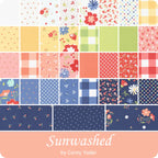 Collection of colorful fabric swatches with 'Sunwashed' by Corey Yoder branding. Fat quarter bundle sold by Sewing Bee Sutdio.