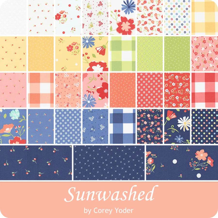 Collection of colorful fabric swatches with 'Sunwashed' by Corey Yoder branding. Fat quarter bundle sold by Sewing Bee Sutdio.
