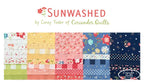 Collection of colorful fabric squares with 'Sunwashed' branding by Corey Yoder. Fat quarter bundle of this collection is sold at Sewing Bee Studio.