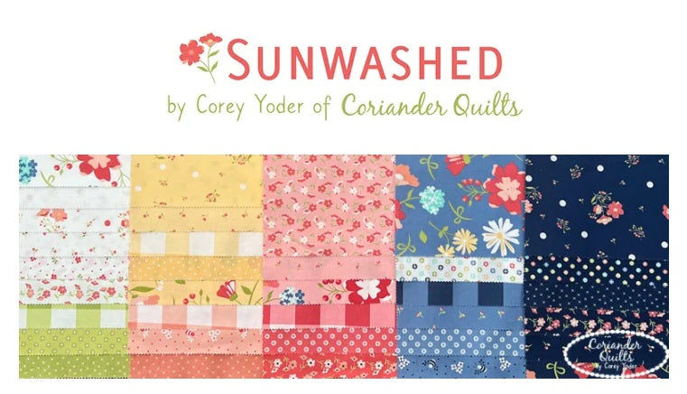 Collection of colorful fabric squares with 'Sunwashed' branding by Corey Yoder. Fat quarter bundle of this collection is sold at Sewing Bee Studio.