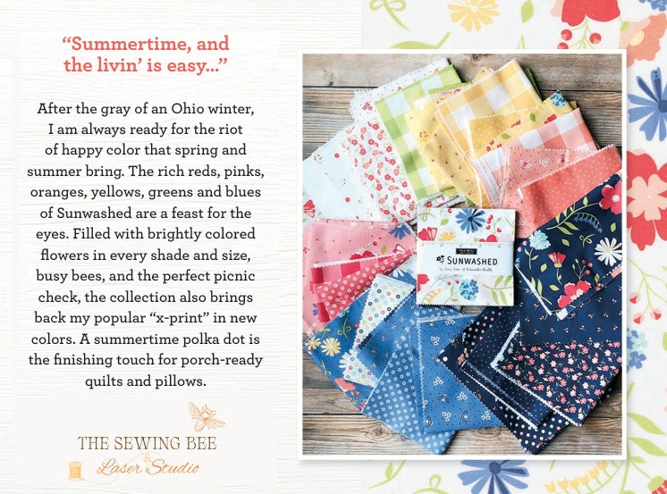 Collection of colorful fabric fat quarters  surrounded by text and floral designs. Fat quarter bundle sold by Sewing Bee Studio.